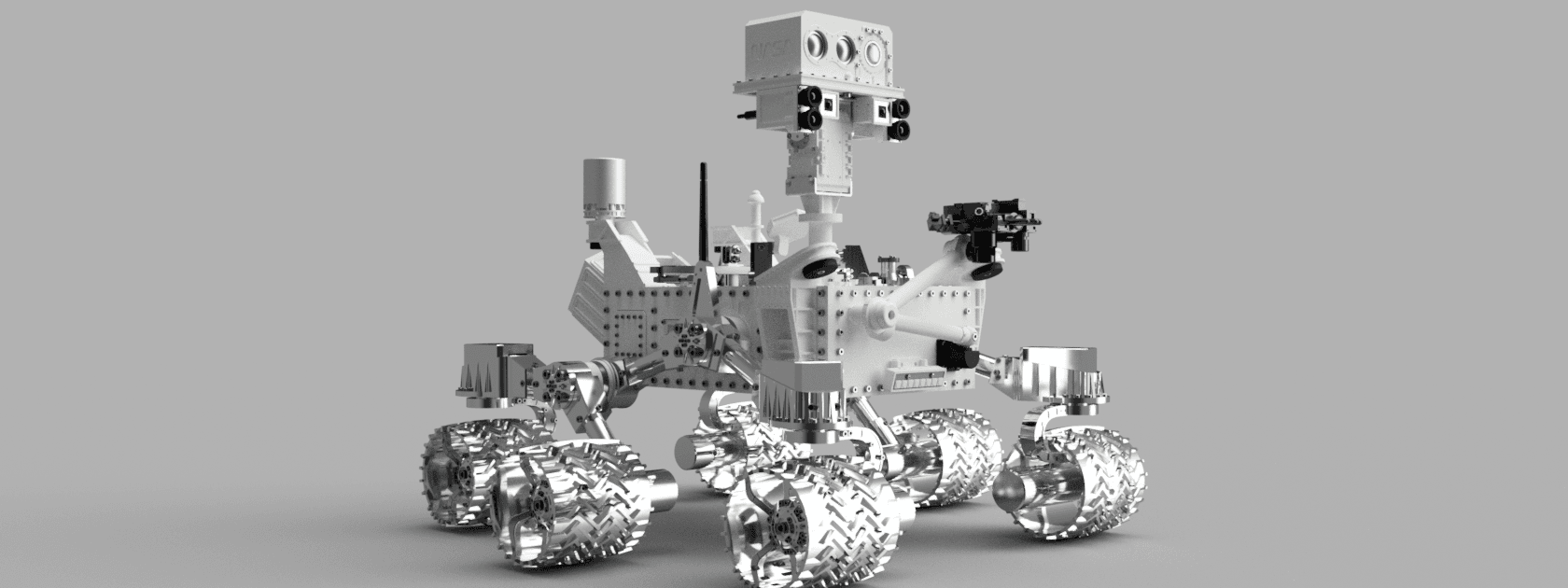 Curiosity rover CAD model, front-left detail view