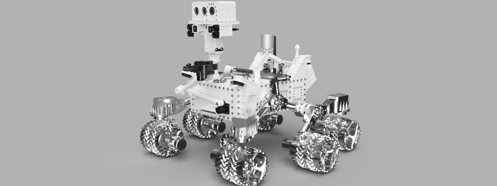 Reverse-engineered Curiosity rover CAD model, three-quarter view
